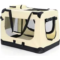 Fudajo Faltbare Transportbox für Hunde, Katzen L (70x52x50cm), robust, leicht, sicher, Hundebox mit Tragegriff und Decke, Beige