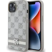 DKNY PU Leather Checkered Pattern and Stripe Case for iPhone 15 Beige