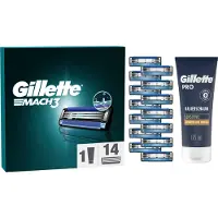Gillette Mach3 Rasierklingen, 14 Ersatzklingen für Nassrasierer Herren mit 3-fach Klinge + PRO Sensitive Rasierschaum 175 ml, Geschenk für Männer NS