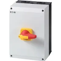 Eaton 184918 DC-Lasttrennschalter, 100 A, 2-polig, mit rotem Drehgriff und gelbem Sperrkranz, Aufbau DDC-100/2/I5/P-R