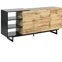 Beliani Sideboard Heller Holzfarbton u. Schwarz MDF-Platte Stahl 160 x 40 x 75 cm Niedrig mit Schubladen Türen Regalen Metallgestell Wohnzimmer Schrank