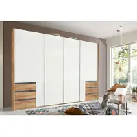 Fresh To Go Schwebetürenschrank Level Kleiderschrank Synchronöffnung 300x65x216cm plankeneiche Weißglas