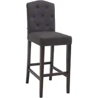CLP Barhocker LOUISE, Stoff-Bezug, Holz-Gestell, Sitzhöhe 73 cm, Rückenlehne + Fußstütze, Kupfer Zierknöpfe an der Naht, mit Bodenschonern, Farbe: dunkelgrau, Gestellfarbe: antik