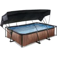 Exit Wood Aufstellpool rechteckig 300x200x65 cm mit Filterpumpe und Sonnensegel, Frame Pool mit Stahlrahmen, Holzoptik, Braun