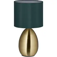 Relaxdays Nachttischlampe mit Touch, moderne Tischlampe, HxD: 34x18 cm, E14, Tischlampe mit Stoffschirm, gold/dunkelgrün