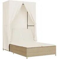 The Living Store Doppel-Sonnenliege mit Dach und Vorhängen Beige Poly Rattan