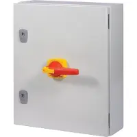 Eaton 197339 Lasttrennschalter, DMV, 250 A, 4-polig, NOT-AUS-Funktion, mit rotem Drehgriff und gelbem Sperrkranz, im Stahlgehäuse, Anschlussbohrung