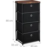 Relaxdays Kommode, 4 Stoffschubladen, Metall, Holzoptik, 85x43x33 cm, Wohnzimmer, Flur, Beistellkommode, schwarz/braun