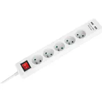 Rebel 5-fach Steckdosenleiste mit 2 USB, Schalter, 1,5m Kabel, Weiße Farbe