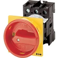 Eaton 062605 Hauptschalter, P1, 32 A, Zwischenbau, 3-polig + N, 1 Schließer, 1 Öffner, NOT-AUS-Funktion, mit rotem Drehgriff und gelbem Sperrkranz