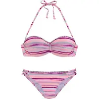 Venice beach Bügel-Bandeau-Bikini , Damen, Gr. 38, Cup E, rosa (lachs, bedruckt), Recycling-Polyamid, bedruckt, gestreift, Bikini-Sets Bügel-Bandeau-Bikini, mit Häkelkanten