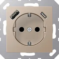 JUNG SCHUKO Steckdose 16 A 250 V , mit USB-Ladegerät 1 x Typ A + 1 x Typ C, integrierter erhöhter Berührungsschutz, Serie A, champagner A1520-15CACH