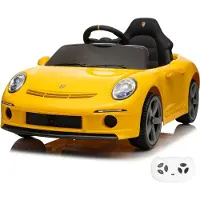 Vrooomy RUF GT Kinder Elektroauto 12V (1–5 Jahre) – Offiziell Lizenziert, mit Fernbedienung, EVA-Reifen, Bluetooth & Ledersitz – Kinder Elektrofahrzeug – Gelb