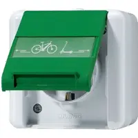 JUNG 820 GN NAWEB Steckdose mit E-Bike Ladesymbol + Klappdeckel + Schriftfeld IP44 grau/grün