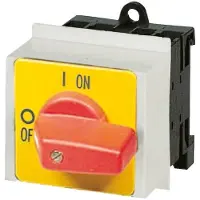 Eaton 084329 EIN-AUS-Schalter, T0, 20 A, Verteilereinbau, 2 Baueinheit(en), 3-polig, NOT-AUS-Funktion, mit rotem Knebel und gelbem Frontschild