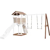 Axi Beach Tower Spielturm aus Holz in Braun & Weiß | Spielhaus für Kinder mit weißer Rutsche, Doppelschaukel und Sandkasten | Stelzenhaus für den