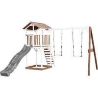 Axi Beach Tower Spielturm aus Holz in Braun & Weiß | Spielhaus für Kinder mit grauer Rutsche, Doppelschaukel und Sandkasten | Stelzenhaus für den