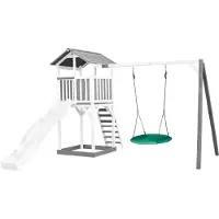 Axi Beach Tower Spielturm aus Holz in Weiß & Grau | Spielhaus für Kinder mit weißer Rutsche, Nestschaukel und Sandkasten | Stelzenhaus für den Garten