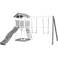 Axi Beach Tower Spielturm aus Holz in Weiß & Grau | Spielhaus für Kinder mit grauer Rutsche, Doppelschaukel und Sandkasten | Stelzenhaus für den