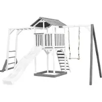 Axi Beach Tower Spielturm aus Holz in Weiß & Grau | Spielhaus für Kinder mit weißer Rutsche, Klettergerüst, Schaukel und Sandkasten | Stelzenhaus für