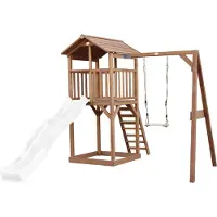 Axi Beach Tower Spielturm aus Holz in Braun | Spielhaus für Kinder mit weißer Rutsche, Schaukel und Sandkasten | Stelzenhaus für den Garten