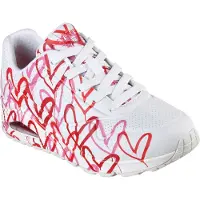 SKECHERS Wedgesneaker "UNO-SPREAD THE LOVE", Damen, Gr. 38, weiß (weiß, rot), Lederimitat, kontrastfarbene Details, Schuhe Wedgesneaker, Freizeitschuh, Halbschuh, Schnürschuh mit coolem Graffiti-Print