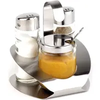 Aps PRO Pfeffer-/Salz-Menage, Glasstreuer mit Edelstahldeckel und Gestell, Maße (B x L x H): 10 x 10 x 11,5 cm, Pfeffer - Salz - Senf