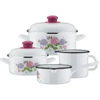 GSW Topf-Set "Hortensie" Set, je 1x Kochtopf Ø 16/20 cm, Stielkasserolle Ø 16 cm, Milchtopf Ø 12 cm, 6 Stk. tlg. Stahl-Emaille
