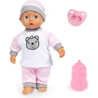 Bayer 93602AA Kiss Baby mit Kussfunktion u. Sounds, Interaktive Weichkörperpuppe mit Schnuller und Flasche, weiß, rosa, grau mit Bären Motiv
