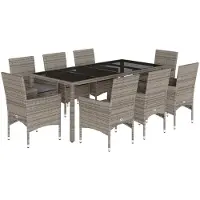 The Living Store 9-tlg. Garten-Essgruppe mit Kissen Grau Poly Rattan und Glas