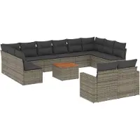 The Living Store 13-tlg. Garten-Sofagarnitur mit Kissen Grau Poly Rattan