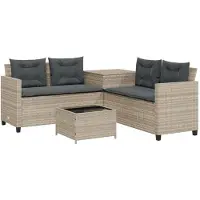 The Living Store Gartensofa in L-Form mit Tisch und Kissen Hellgrau Poly Rattan