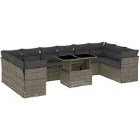 The Living Store 11-tlg. Garten-Sofagarnitur mit Kissen Grau Poly Rattan