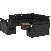 The Living Store 12-tlg. Garten-Sofagarnitur mit Kissen Schwarz Poly Rattan