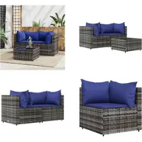 vidaXL 3 tlg. Garten Lounge Set mit Kissen Grau Poly Rattan - Garten Lounge Set - Garten Lounge Sets - Outdoor Lounge Set - Lounge Set Terrasse