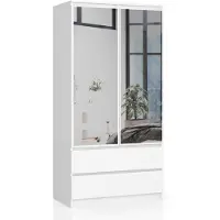 Akord Kleiderschrank S90 mit Spiegel Weiß 90 cm 2 Türen 2 Schubladen 4 Ebenen B90 x H180 x T51 cm