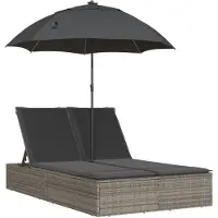 The Living Store Doppel-Sonnenliege mit Kissen & Sonnenschirm Grau Poly Rattan