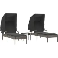 The Living Store Sonnenliegen 2 Stk. mit Dach und Tisch Grau Poly Rattan