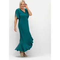 Sheego Strandkleid "Jerseykleid Jerseykleid in Wickeloptik, mit Volantrock", Damen, Gr. 44, N-Gr, grün (petrol), Modisch, V-Ausschnitt, Kleider Strandkleid, in Wickeloptik, mit Volantrock