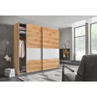 Wimex Schwebetürenschrank "Bramfeld Kleiderschrank", braun (plankeneiche, absetzung weißglas), B:225cm H:208cm T:64cm, Schränke, Schwebetürenschrank, mit Glaselementen und zusätzlichen Einlegeböden