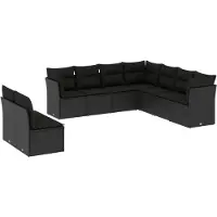 The Living Store 9-tlg. Garten-Sofagarnitur mit Kissen Schwarz Poly Rattan