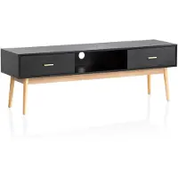 Wohnling Lowboard Schwarz mit Eiche-Nachbildung 150x50x40 cm TV-Kommode Modern TV-Schrank Hoch Fernsehtisch Fernsehschrank mit Schubladen & Ablagefach