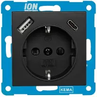 ION Industries Steckdose V1/J1 - Unterputz mit USB A und USB C - Schutzkontakt - Berührungsschutz - Geeignet für Unterputzdosen - Mattschwarz - 71x71x32mm -