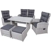 Garden Pleasure Garten-Essgruppe "Tischgruppe »LYON« grau", grau, Wicker/Kunststoffgeflecht, Sitzmöbel-Sets, Garten-Essgruppe, 2 Sessel, 1 Bank, 2 Hocker, Tisch LxB: 122x72 cm, inkl Auflagen