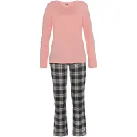 H.I.S. Pyjama H.I.S, Damen, Gr. 32, rosa (dunkelrosa, schwarz, grau, kariert), Single Jersey, Obermaterial: 100% Baumwolle, Basic lang, Rundhals, Homewear-Sets Pyjama, mit karierter Schlafhose