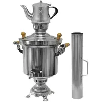 Olymp Handels GmbH Edelstahl Holzkohle Samowar 5 Liter mit 0,9 Liter Teekanne + Schornstein , Holzkohlesamowar, Samawar, russische und türkische Tradition. Tee kochen am Grillplatz, Wasserkocher mit Kohle, Teekocher