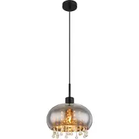 Globo Hängeleuchte Metall schwarz matt, Glas rauchfarben, Glaskristalle klar, Kabel Textil schwarz, Höhe kürzbar, ø: 280mm, H: 1200mm, exkl. 1x E27 LED 9W 230V