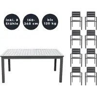 HOME DELUXE - Gartentisch ausziehbar - CASA - ca. 160 (240) x 100 x 74 cm - inkl. 8 Stühlen, Gestell und Tischplatte Aluminium - inkl. Zubehör I Gartenmöbel Ausziehtisch Balkonset