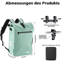 Wiltec Gepäckträgertasche mintgrün, Fahrradtasche Rucksack 25 l Stauraum, Gepäcktasche mit Laptopfach, wasserresistente Fahrrad Tasche
