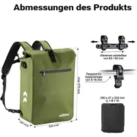 Wiltec Gepäckträgertasche oliv, Fahrradtasche Rucksack 25 l Stauraum, Gepäcktasche mit Laptopfach, wasserresistente Fahrrad Tasche